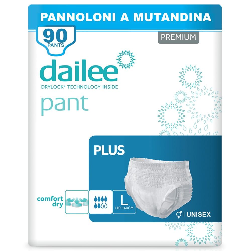 Dailee Pants Plus, maat L, unisex. Verpakking van 90. Drylock-technologie. Comfort en droog.