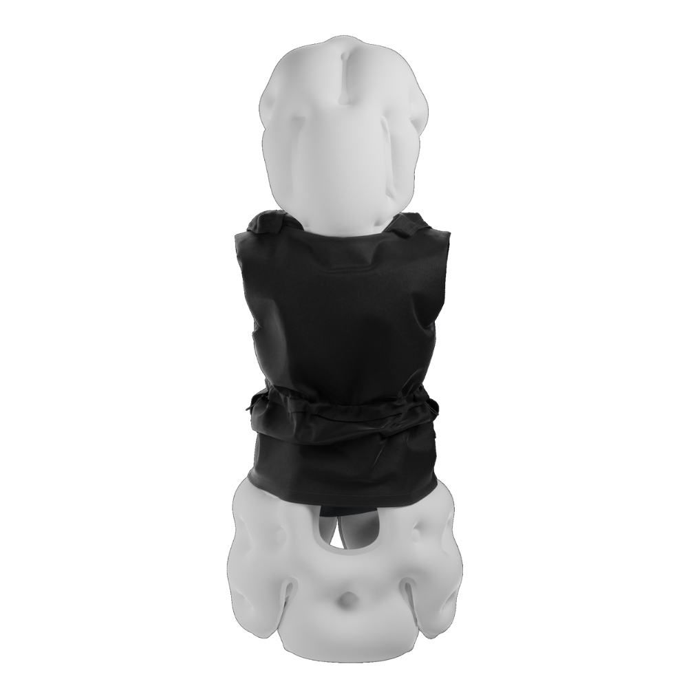 Vue arrière d'un gilet noir avec des éléments blancs en forme de coussin. Le gilet a une taille réglable.