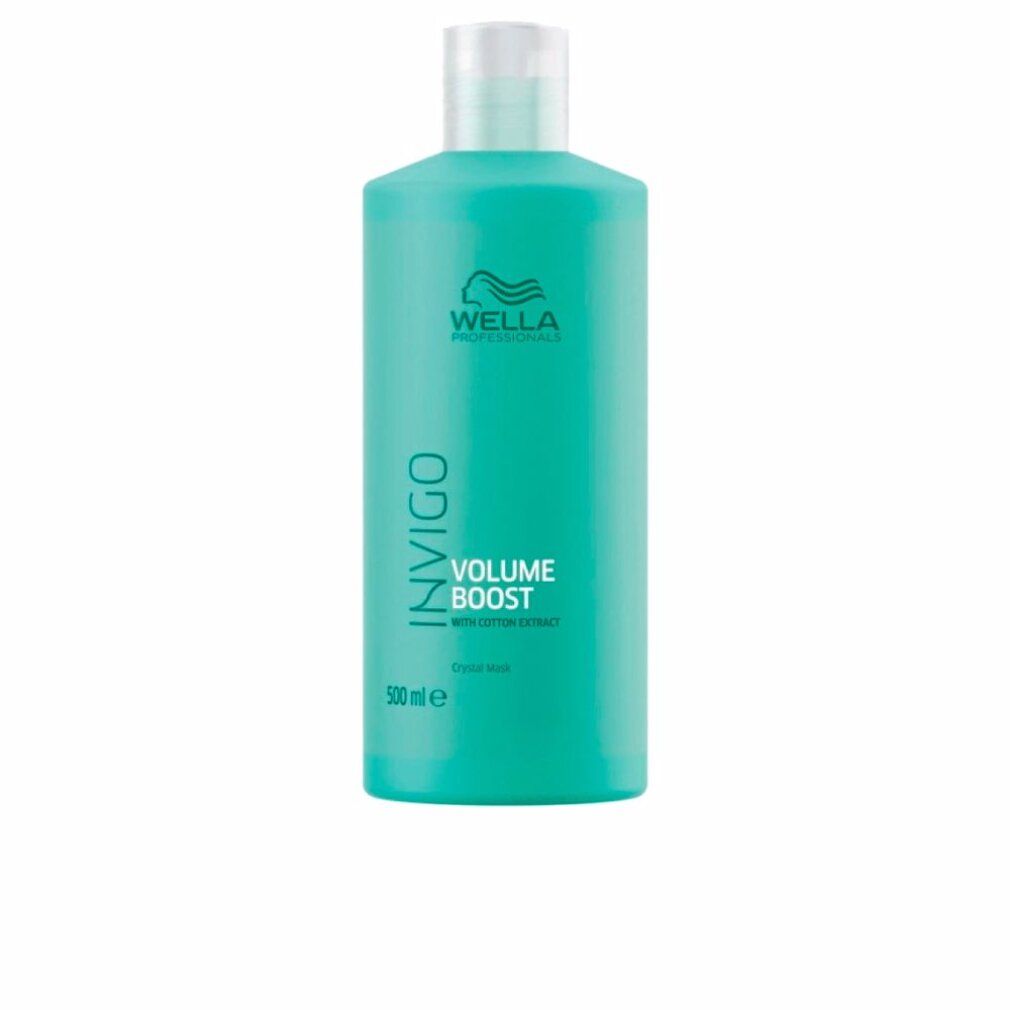 Flacon turquoise avec bouchon blanc. Inscription : Wella Invigo Volume Boost. Avec extrait de coton. 500 ml.
