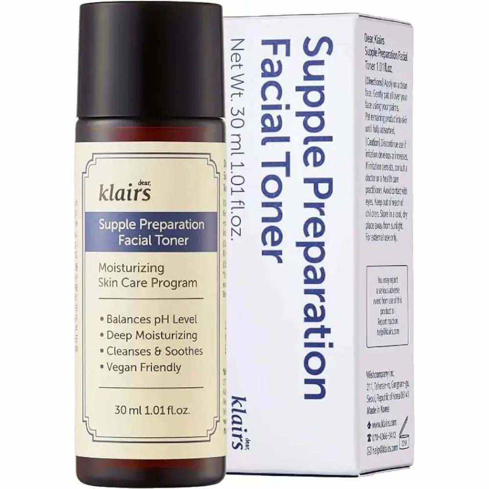 Emballage du produit et flacon. Texte : Supple Preparation Facial Toner. 30 ml.