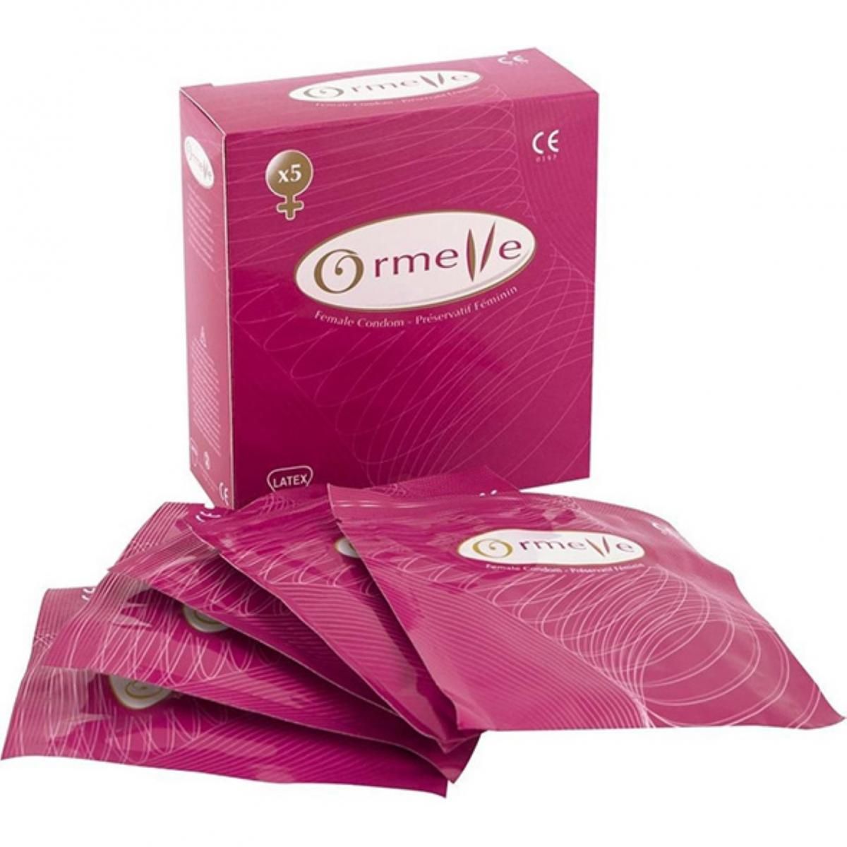 Vijf Ormelle latex vrouwelijke condoom verpakkingen voor een doos.