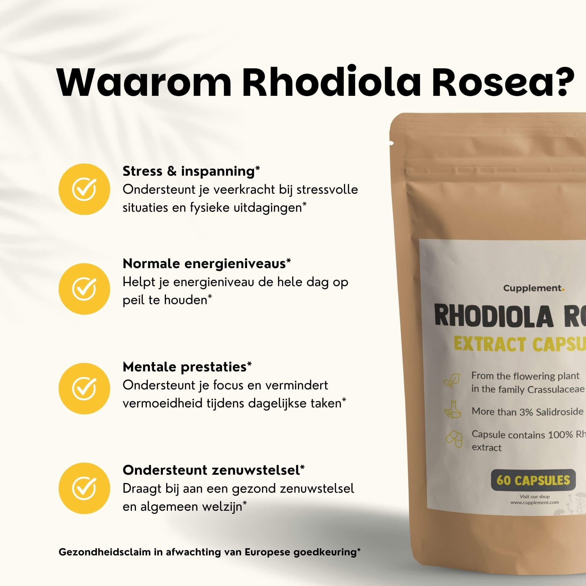 Zakje Cupplement Rhodiola Rosea capsules. Tekst: Waarom Rhodiola Rosea? Stress & inspanning, normale energie, mentale prestaties.