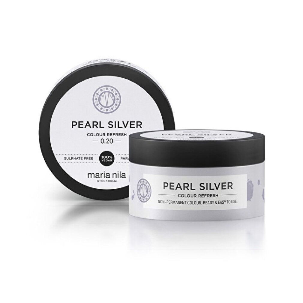 Twee potten, een met deksel, een zonder. Opschrift: PEARL SILVER COLOUR REFRESH. 0.20. Vegan. Maria Nila Stockholm.