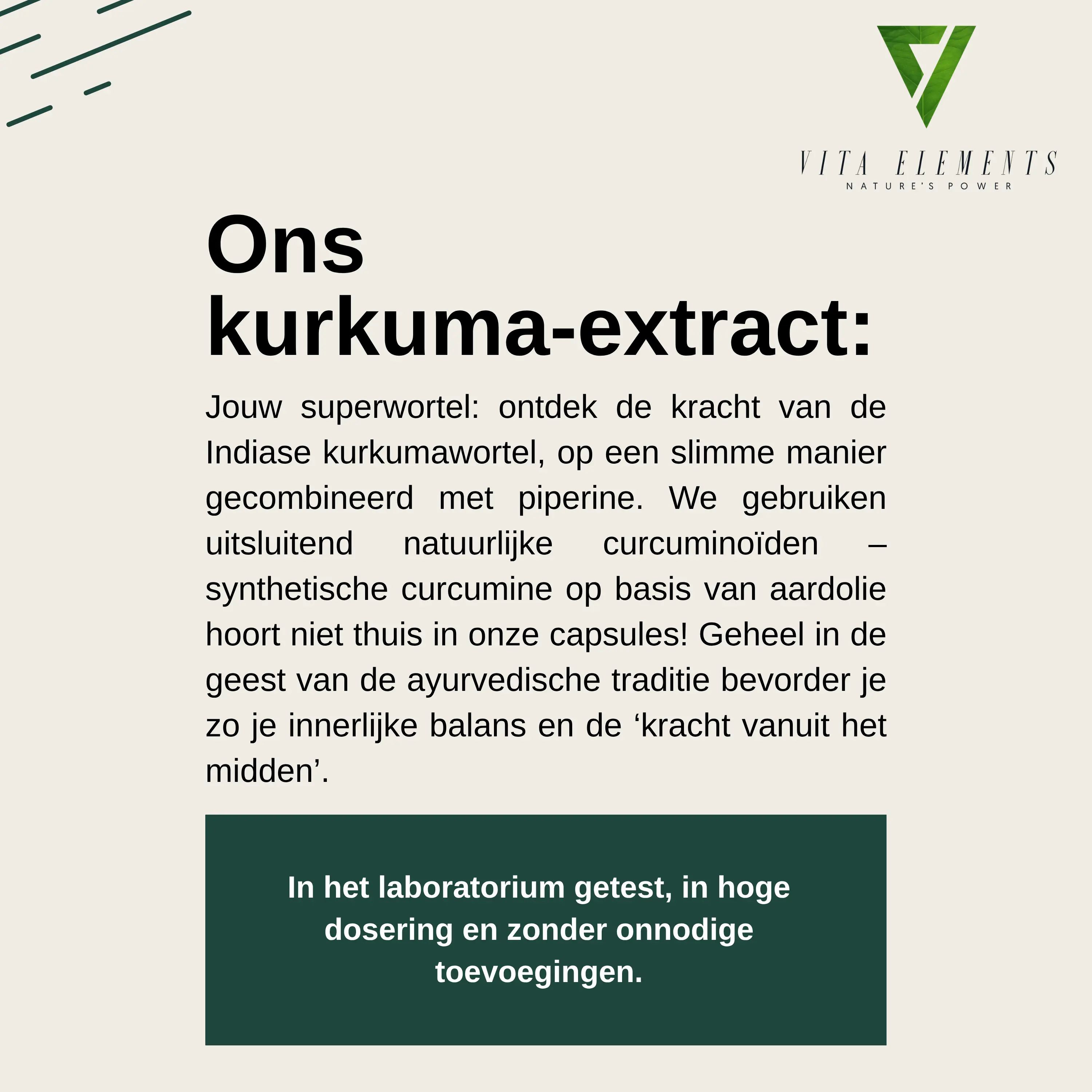 Vita Elements Kurkuma Extract: Pot met geel label 'Een sterke kern'. Bevat 95% extract & piperine. Veganistisch.