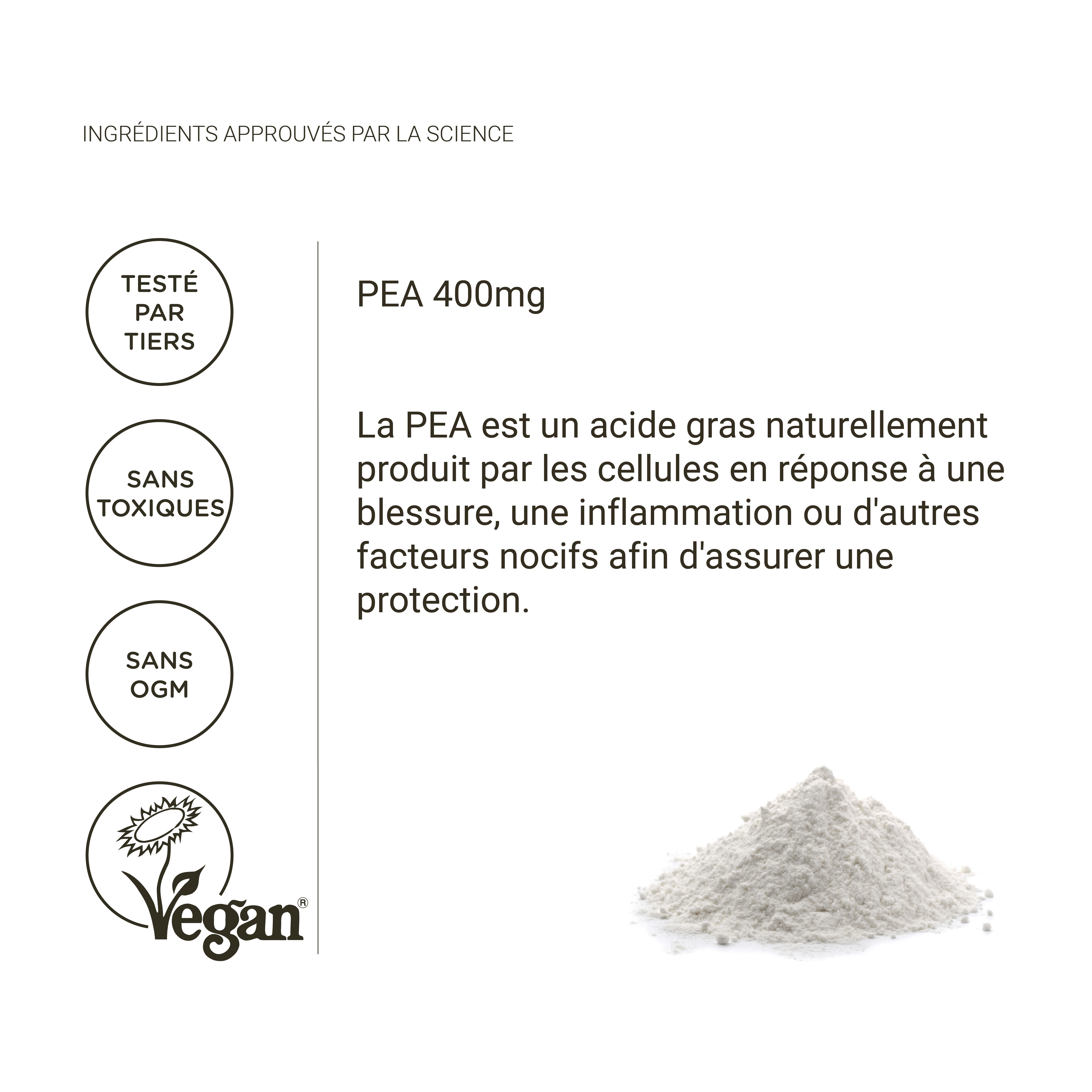 PEA poeder 400mg met keurmerken vegan, dierproefvrij, niet-toxisch en GGO-vrij.