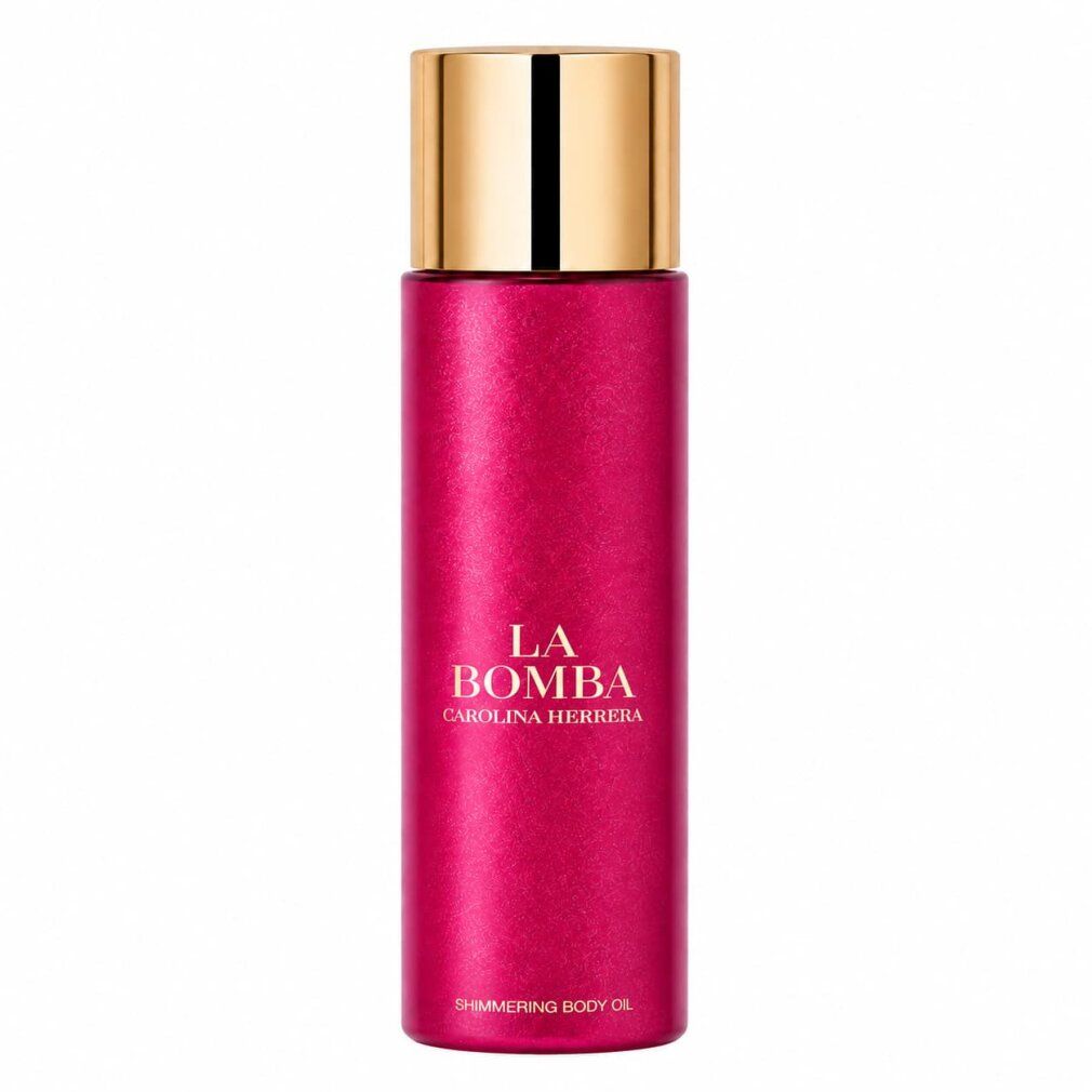 Carolina Herrera La Bomba glinsterende lichaamsolie in een sprankelende roze fles met goudkleurige dop.