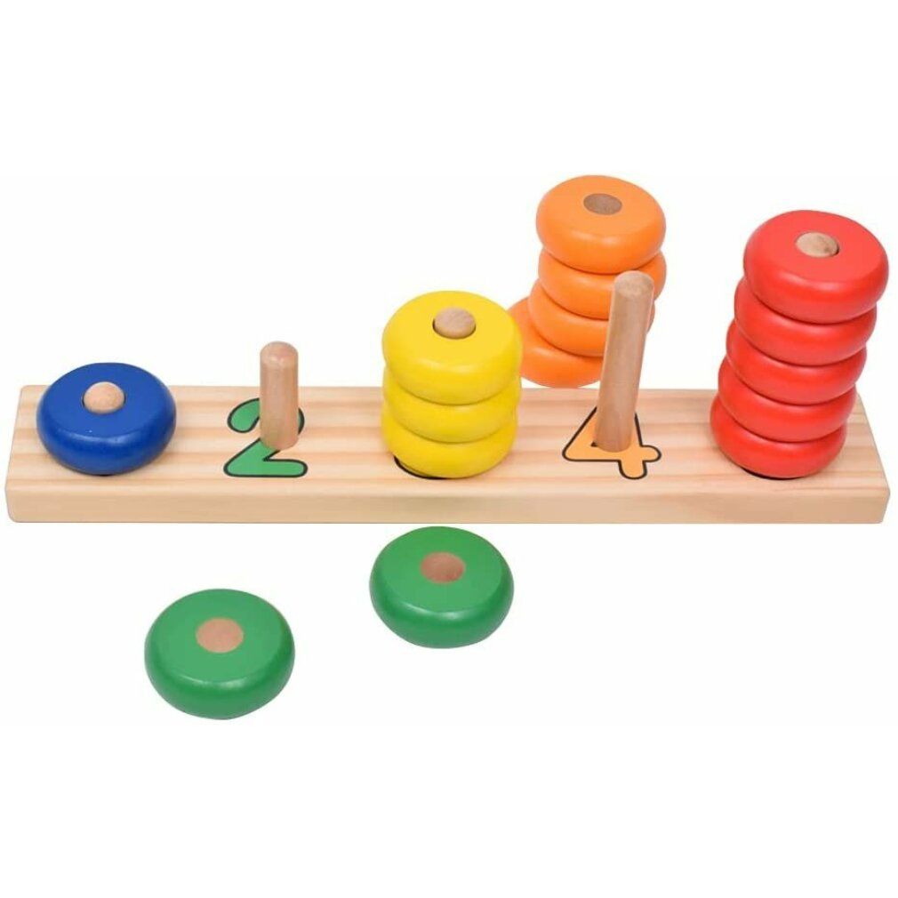 Puzzle en bois avec anneaux colorés sur planche. Anneaux: bleu, vert, jaune, orange, rouge. Chiffres 2 et 4.
