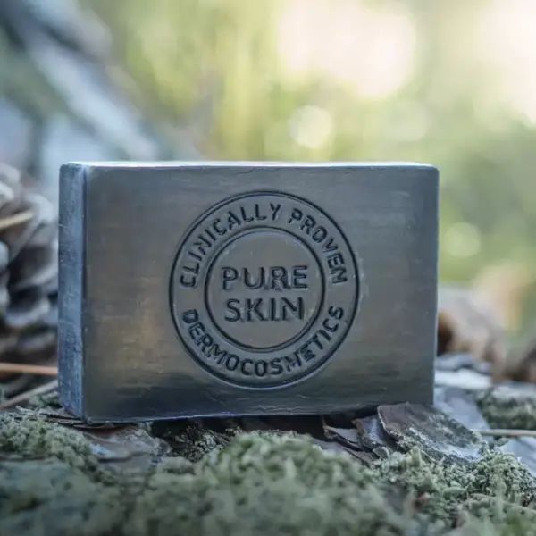 Rechthoekige zwarte zeep met reliëf. Op mos en dennennaalden. Tekst: Clinically Proven, Pure Skin.