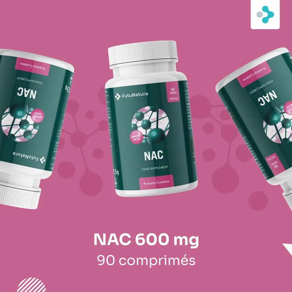 Trois flacons de comprimés. Inscription NAC 600 mg, 90 comprimés. Logo acide aminé. Fond rose.