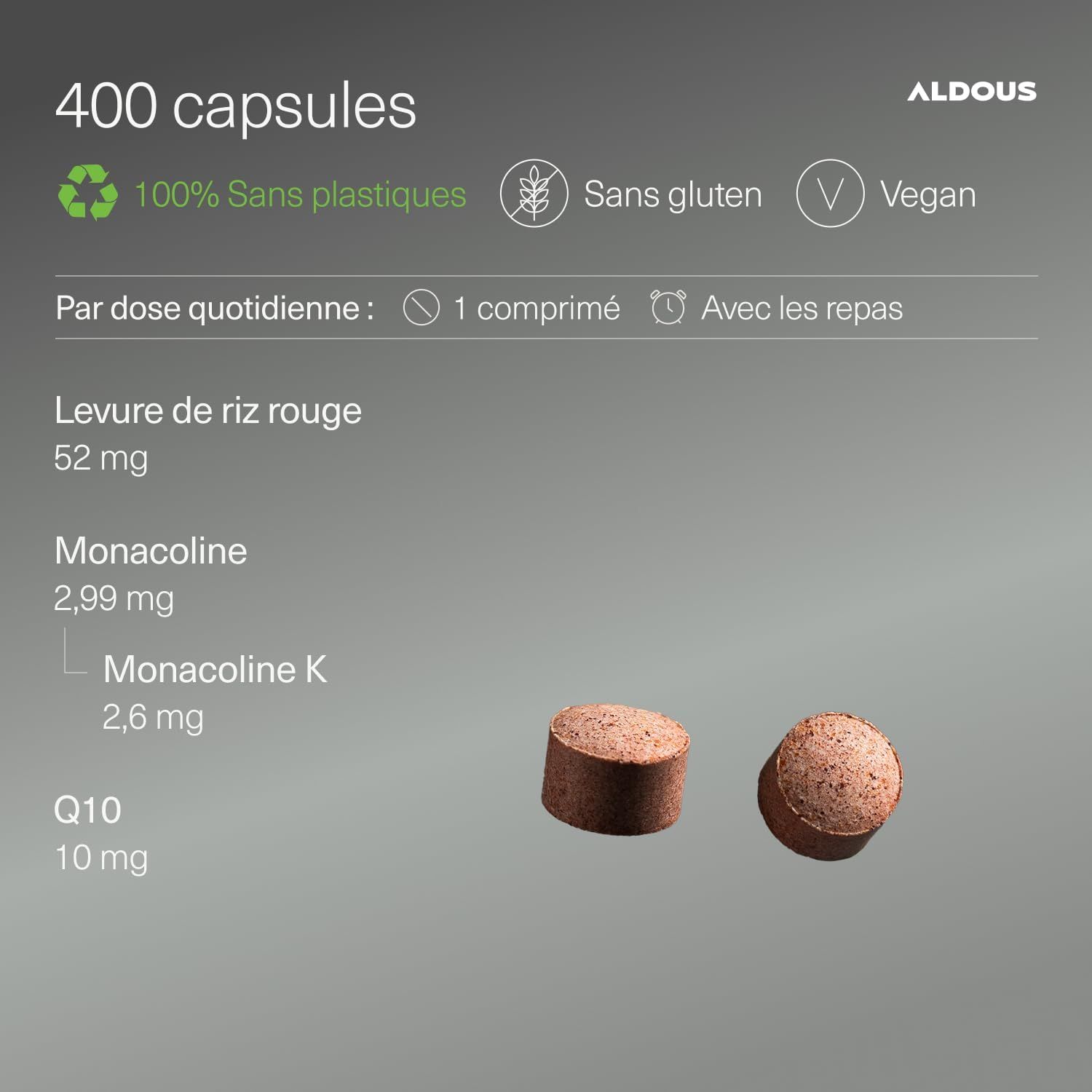 400 capsules: Levure de riz rouge 52mg, Monacoline 2,99mg (Monacoline K 2,6mg), Q10 10mg. Sans plastique, sans gluten, vegan.