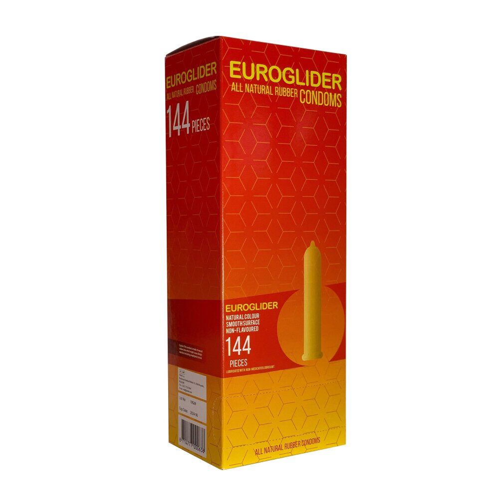 Euroglider-verpakking met 144 condooms. Geel condoom afgebeeld. Opschrift: All Natural Rubber Condoms.