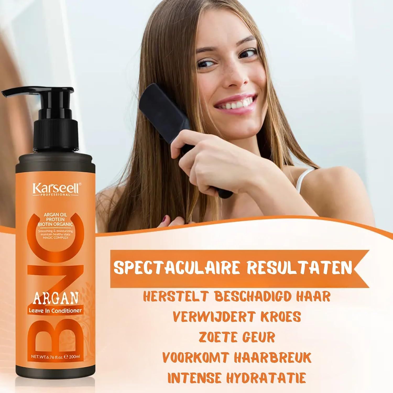 KarSeell Argan Leave-In Conditioner fles met pompdosering, 200ml.