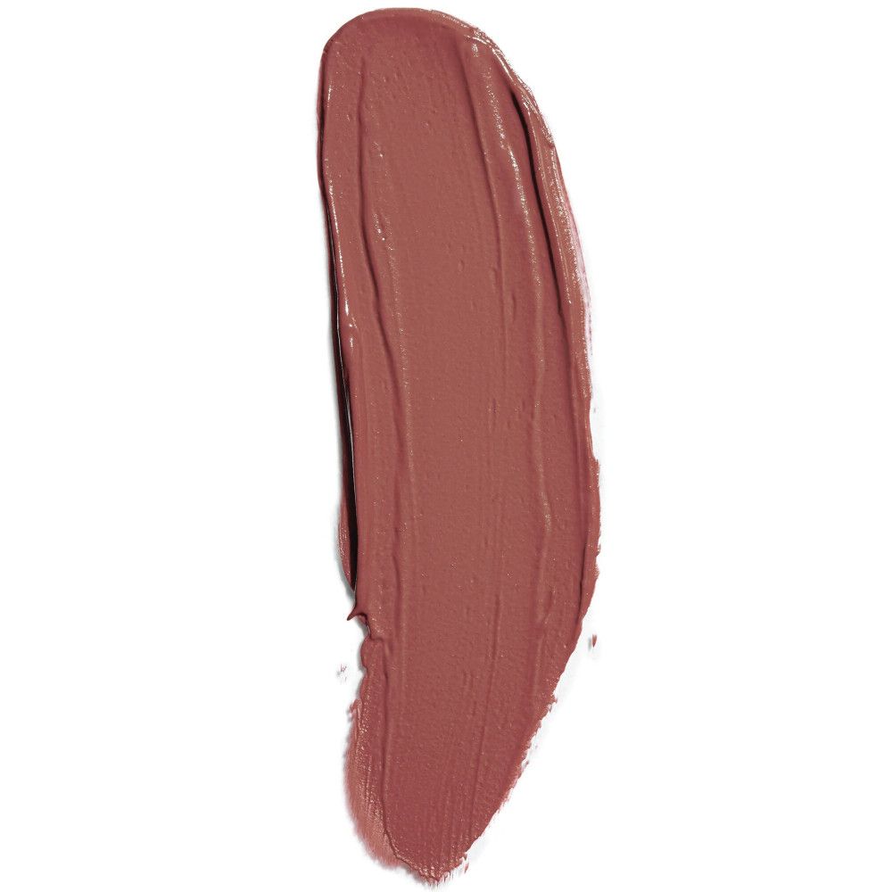 Un seul échantillon de rouge à lèvres mat dans une teinte brunâtre. L'échantillon est allongé et montre la texture du produit.