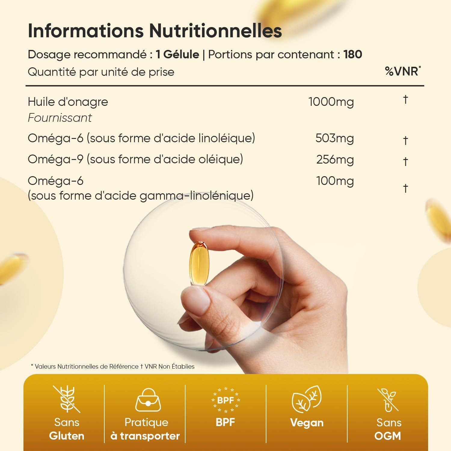 Flacon d'huile d'onagre avec Oméga 6 & 9, 1000mg par portion.
