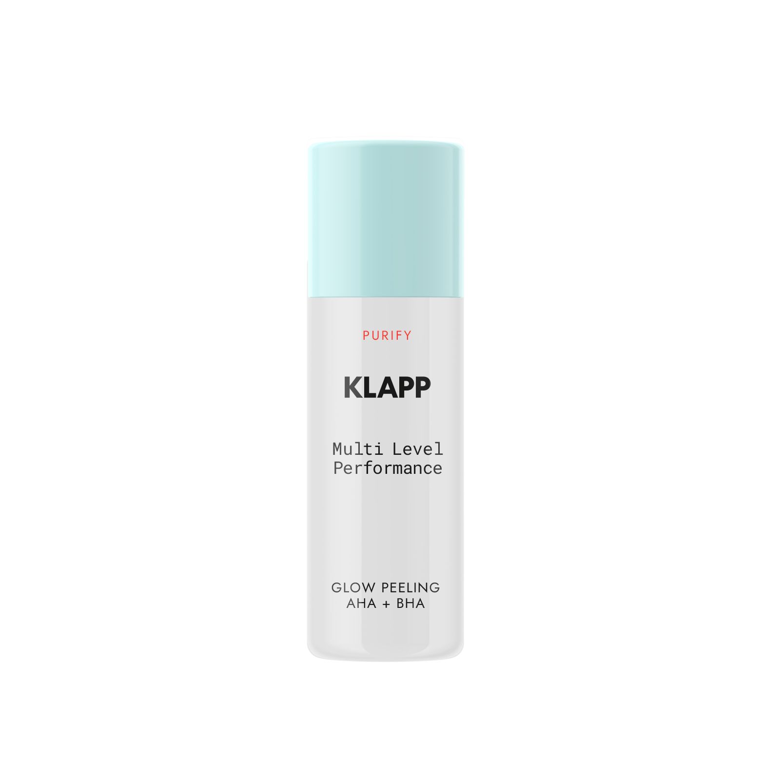 Flacon Klapp avec bouchon bleu clair. Inscription: PURIFY, Multi Level Performance, GLOW PEELING AHA + BHA.