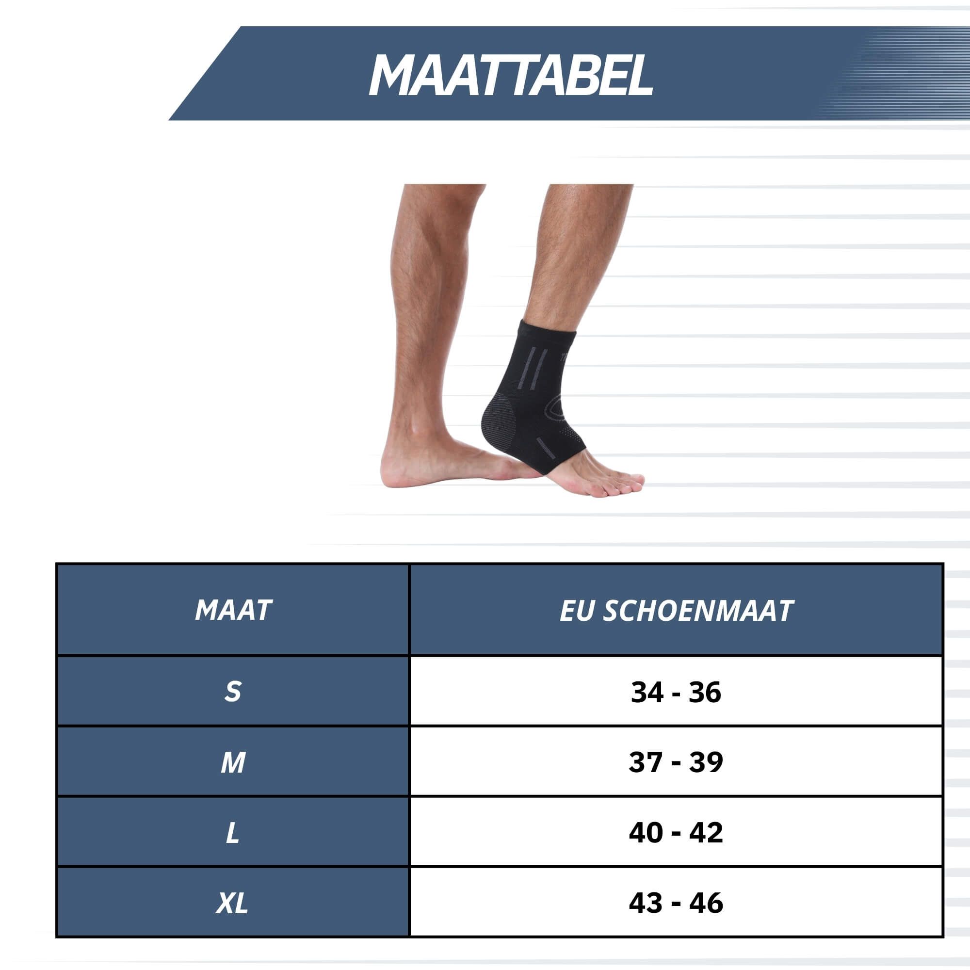 Zwarte enkelbrace met zijdelingse steunstrips.
