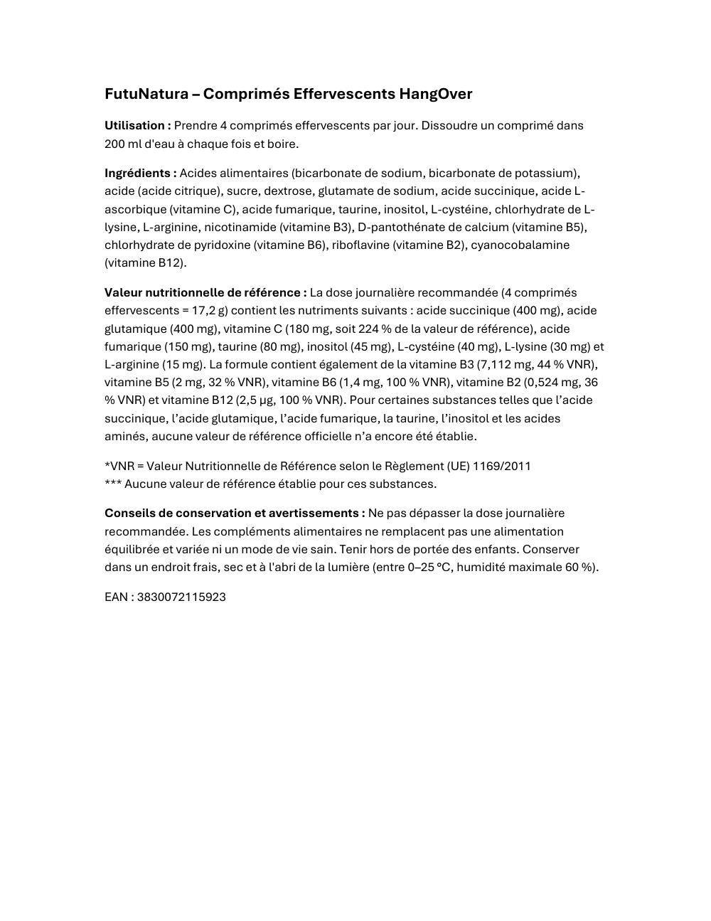Informations sur les comprimés effervescents FutuNatura HangOver. Contient les ingrédients, les informations nutritionnelles et les avertissements.