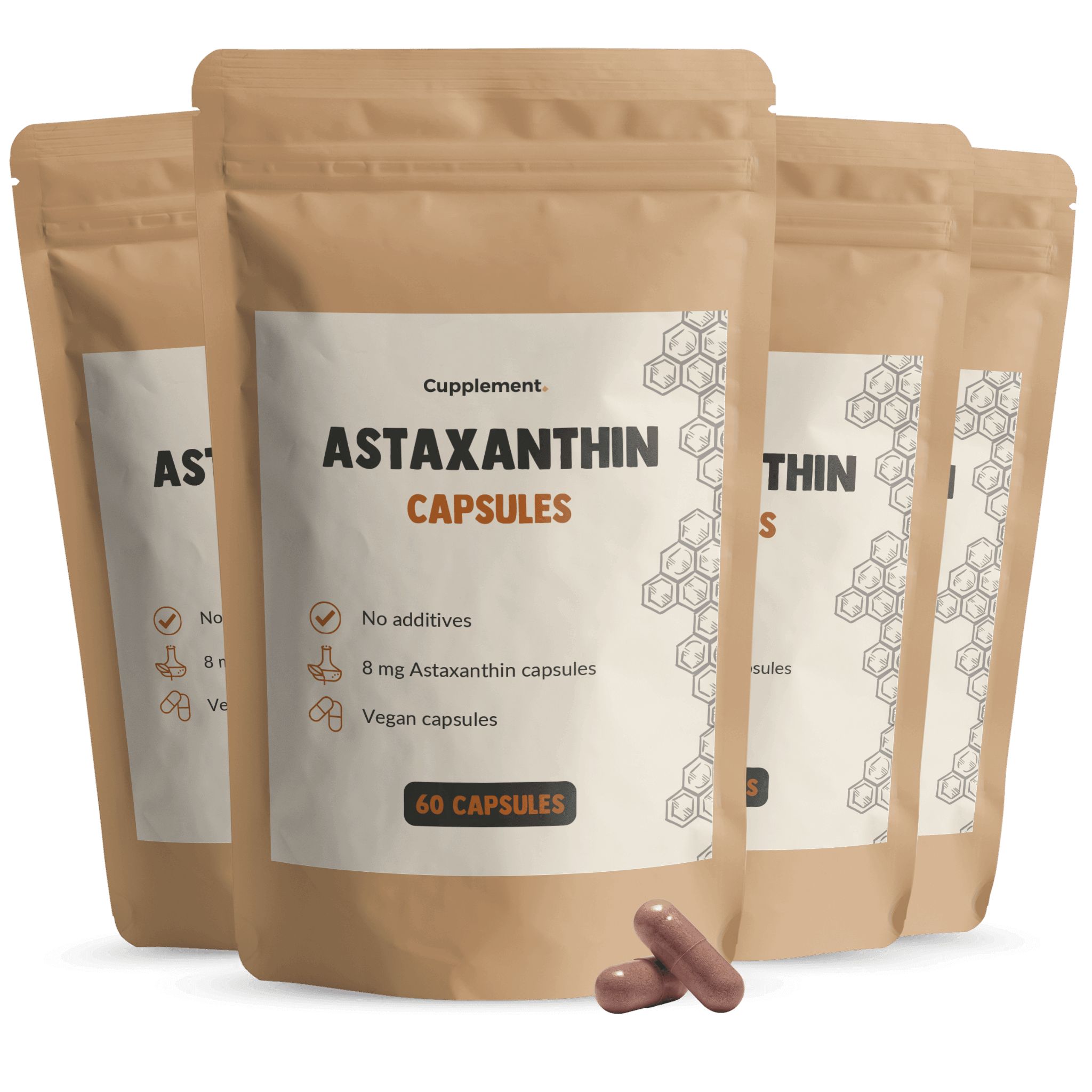 Multipack astaxanthine capsules. 4 bruine zakjes. Opschrift: 60 capsules, 8 mg astaxanthine, vegan.