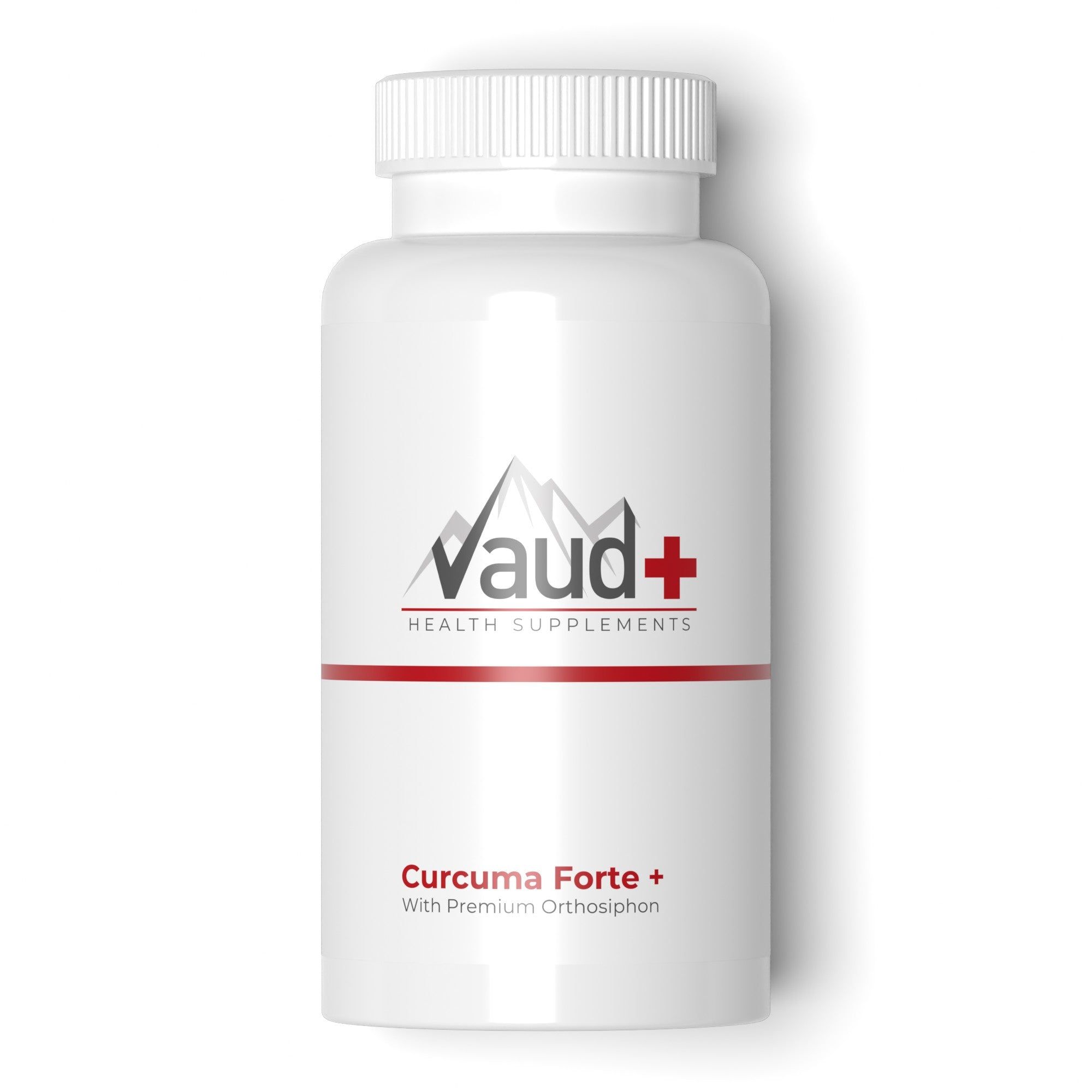 Witte fles met capsules. Opschrift: Vaud+ Health Supplements, Curcuma Forte +.