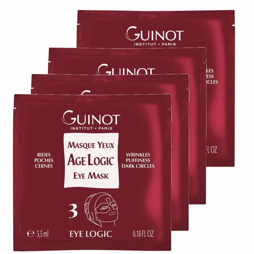 Masque pour les yeux Guinot Age Logic. Quatre sachets rouges. Inscription: Eye Mask, Age Logic, 3, illustration yeux.