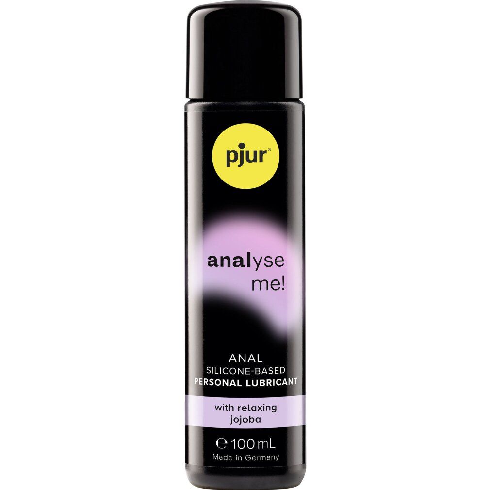 Flacon cylindrique noir et blanc. Inscription: pjur, analyse me!, Anal Silicone-Based Personal Lubricant. 100ml.