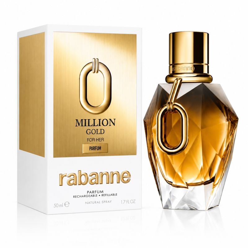 Rabanne 1 Million Gold for Her parfumfles in diamantvorm met gouden dop en hanger.
