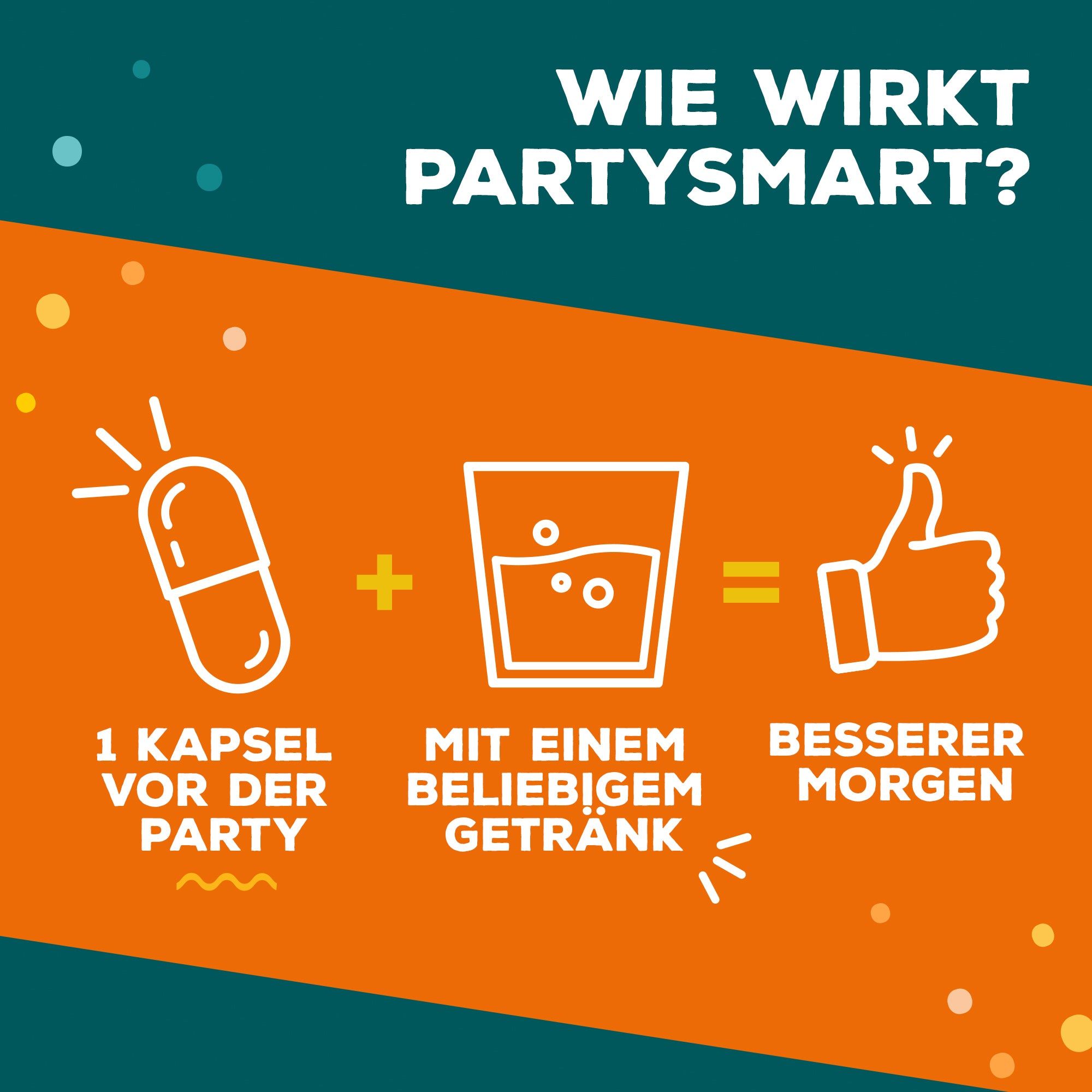 Infographic: 1 capsule voor het feest + met een drankje = betere ochtend. Toont een capsule, een glas met bubbels en een duim omhoog.