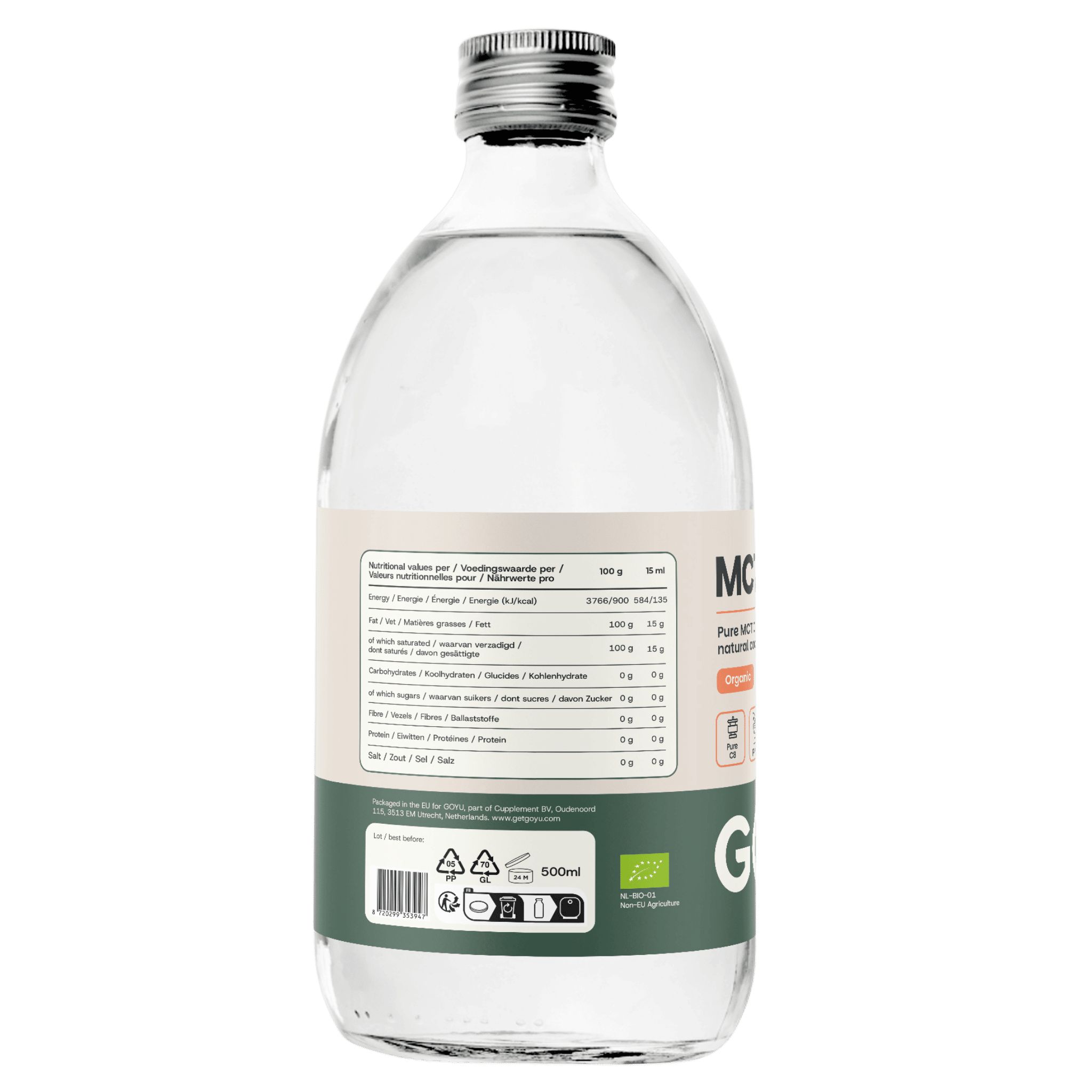 Achterkant van een glazen fles GOYU MCT Olie C8, 500ml, met voedingswaarde-informatie en bio-keurmerk.
