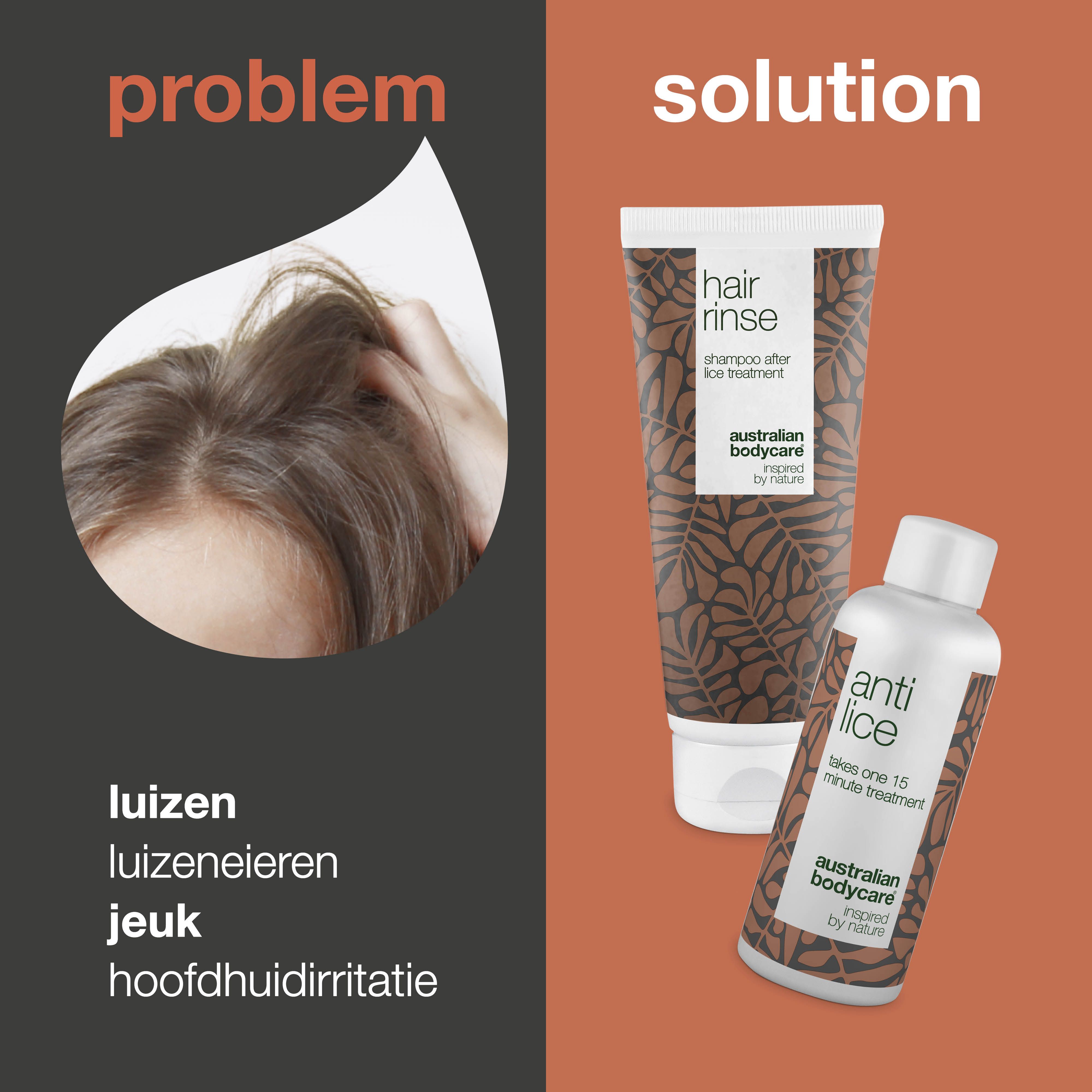 Probleem/oplossing diagram. Hoofdhuid en producten "Hair Rinse" en "Anti Lice".