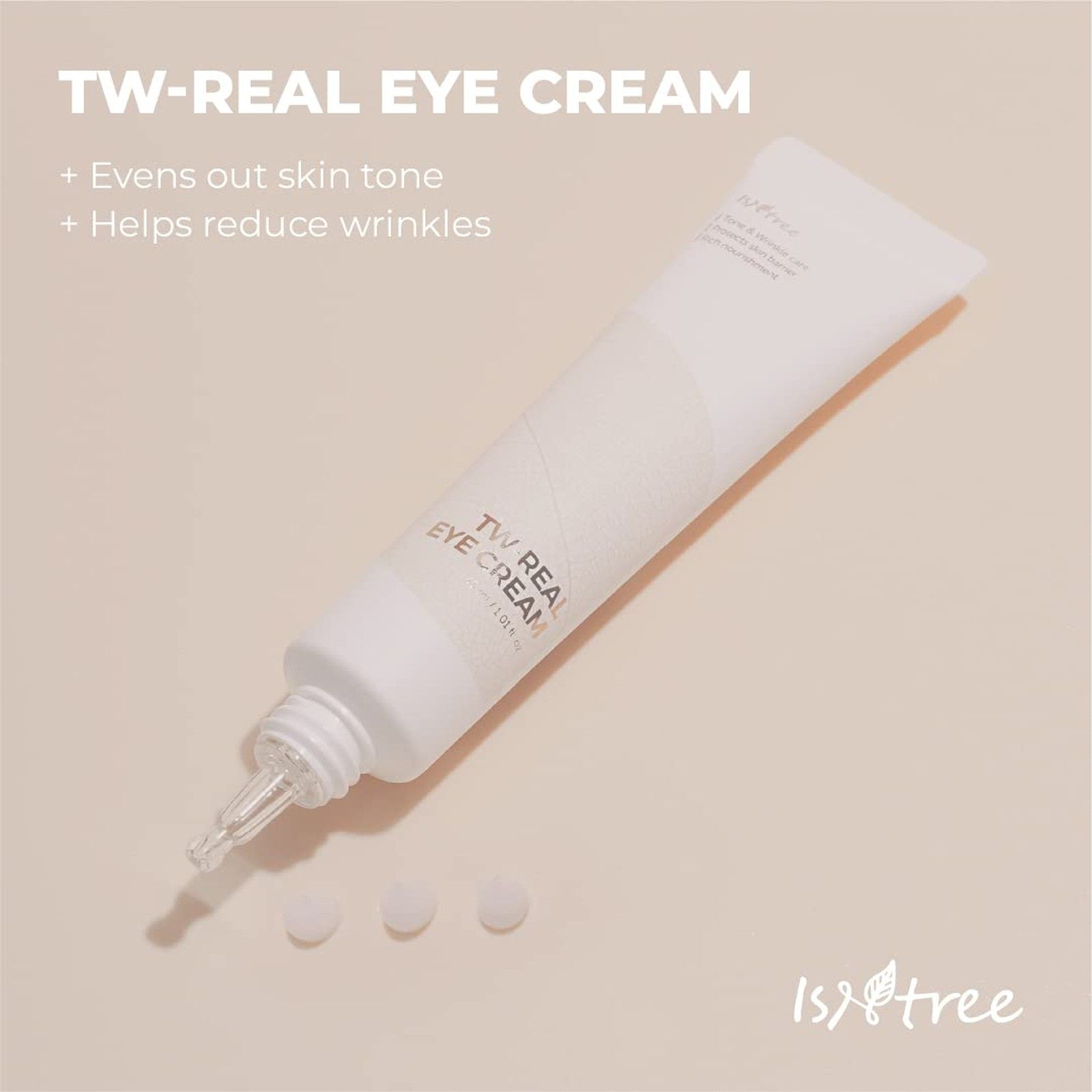 Tube de crème contour des yeux Isntree TW Real avec applicateur pipette et gouttes.