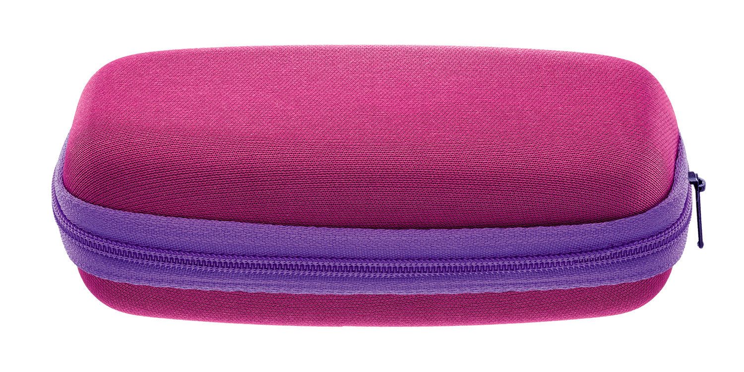 Etui voor bril, roze met paarse rits. Rechthoekige vorm, rits gesloten.