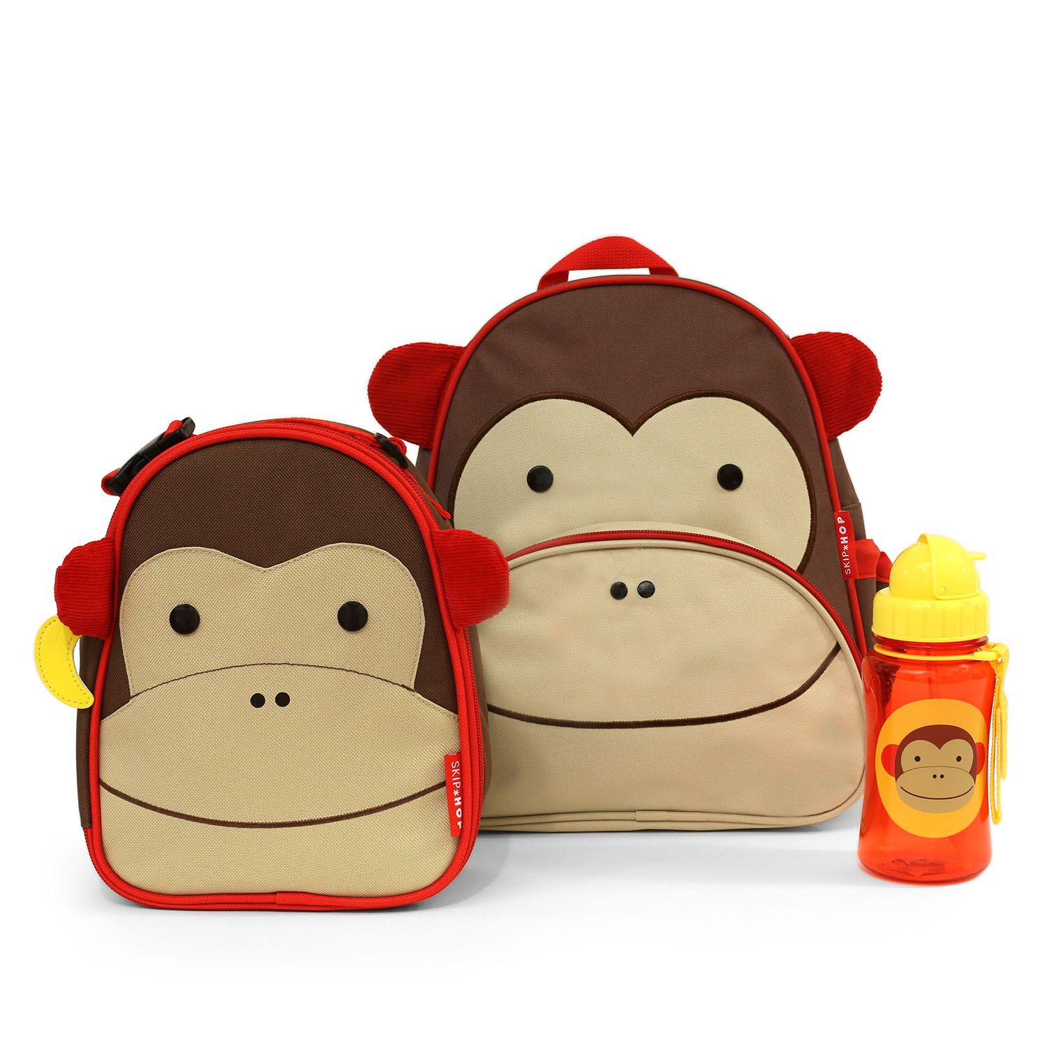 Set met rugzak, lunchbox en drinkfles met apenmotief. Rugzak en lunchbox bruin/beige. Fles rood/geel.