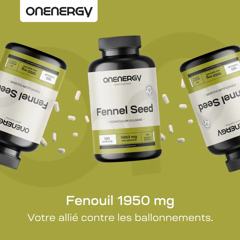 Trois bouteilles de graines de fenouil ONENERGY sur fond vert. 1950 mg pour votre allié contre les ballonnements.