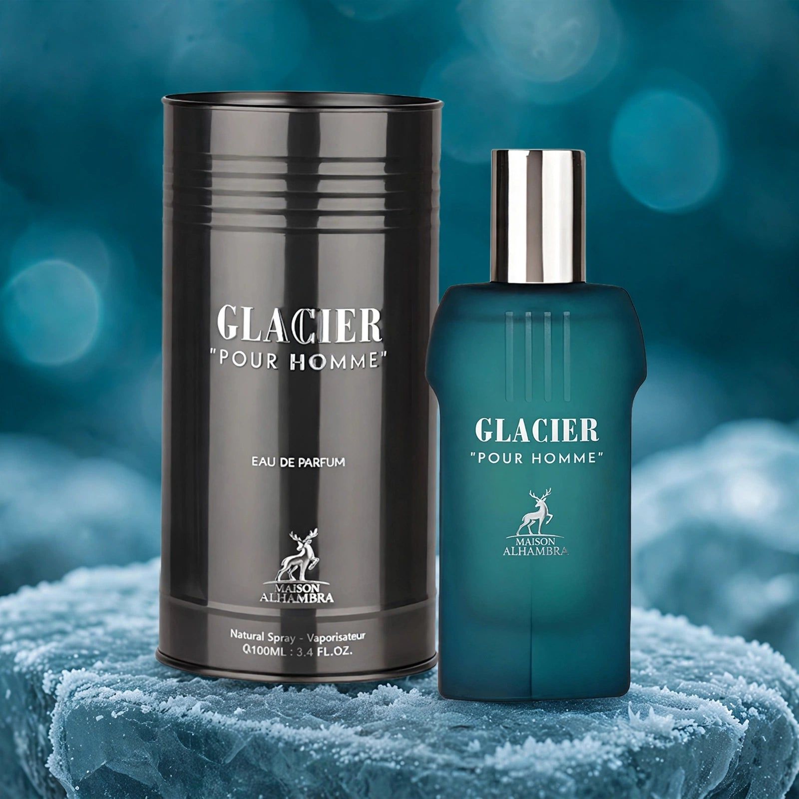 Flacon d'eau de parfum turquoise avec bouchon argenté et boîte assortie.