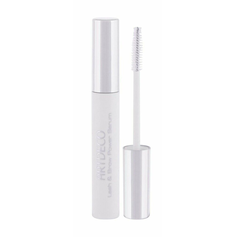 Wit serum met borstel. Opschrift: Artdeco Lash & Brow Power Serum. Zilveren dop.