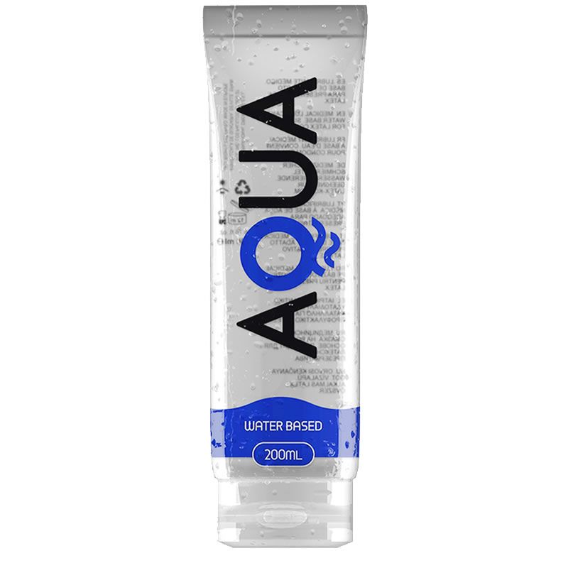 Aqua Waterbased glijmiddel in een doorzichtige tube met blauw label, 200ml.