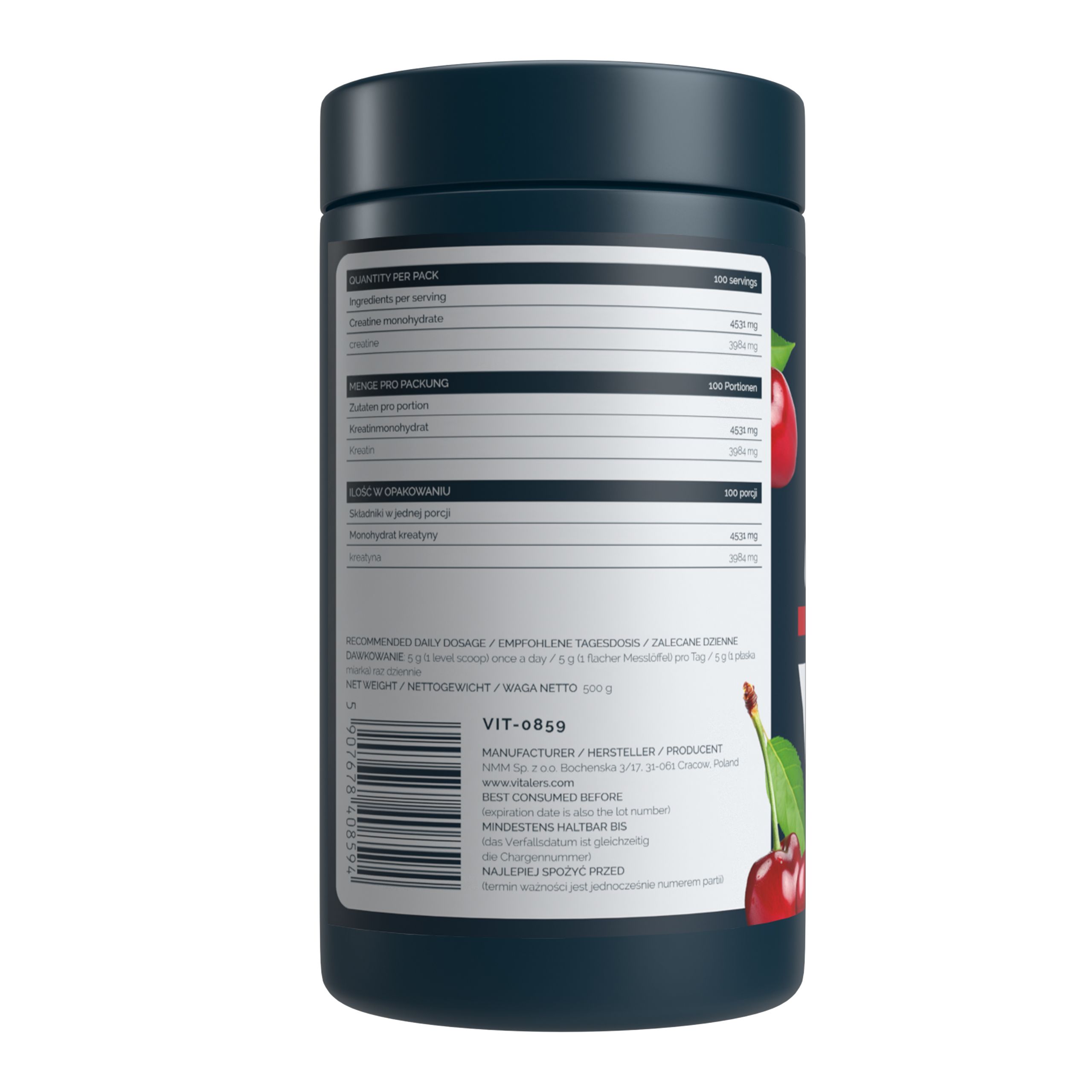 Arrière d'un récipient bleu foncé avec informations nutritionnelles et illustration de cerises. Vitaler's Sport Créatine Monohydrate.