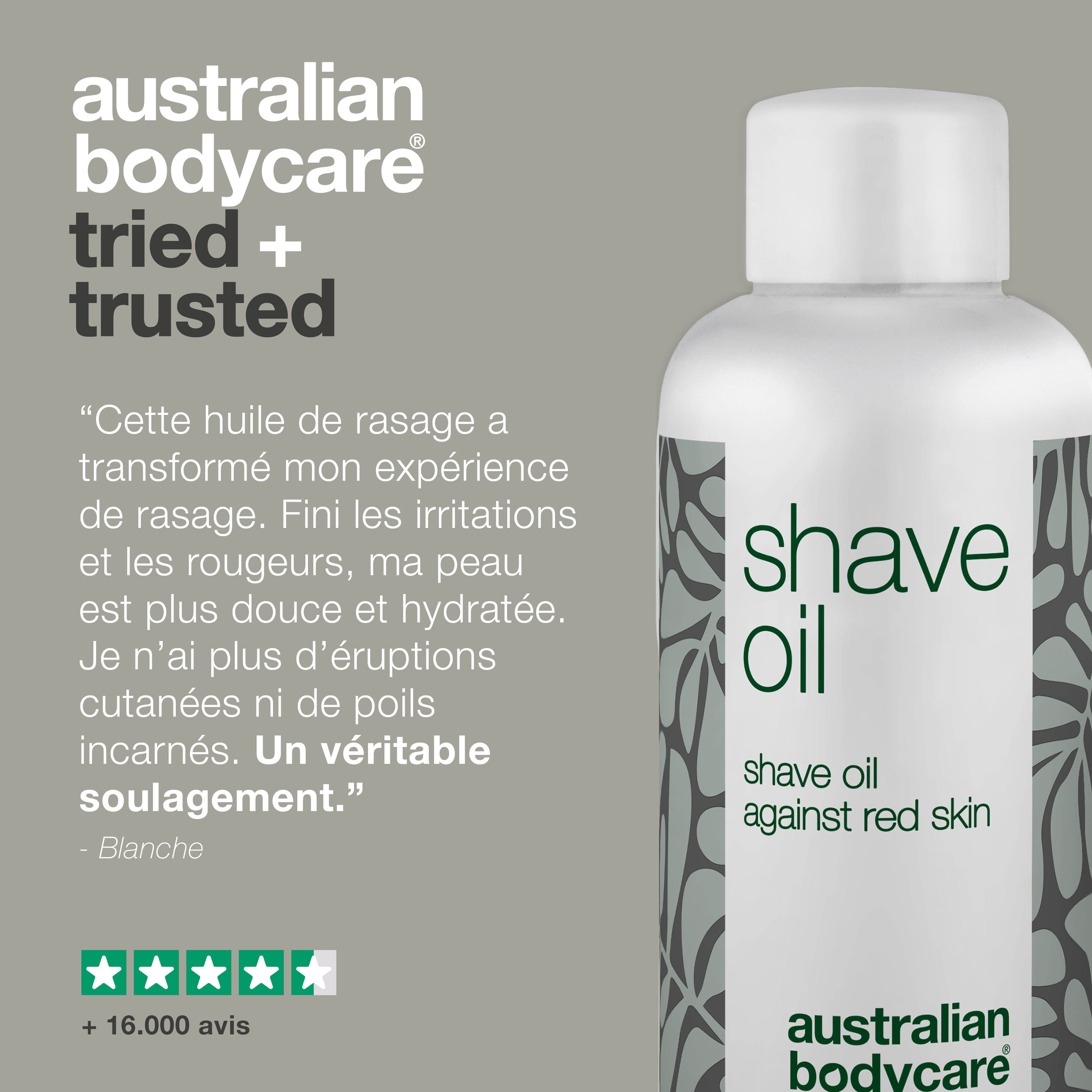 Flacon Shave Oil, contre les rougeurs. Marque : Australian Bodycare. Texte : +16.000 avis. Citation.