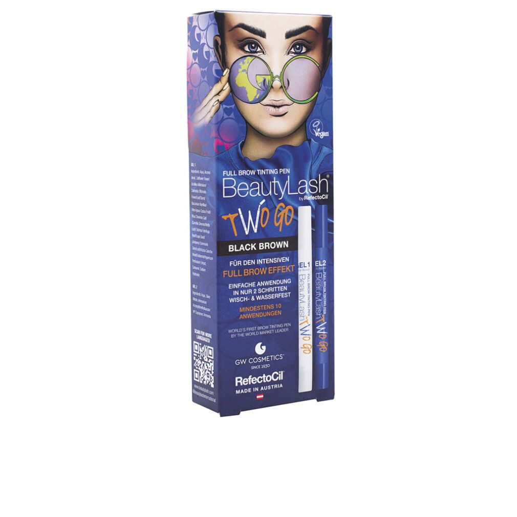 RefectoCil BeautyLash TWO GO. Verpakking met stift en activator. Opschrift: Black Brown, Vegan.