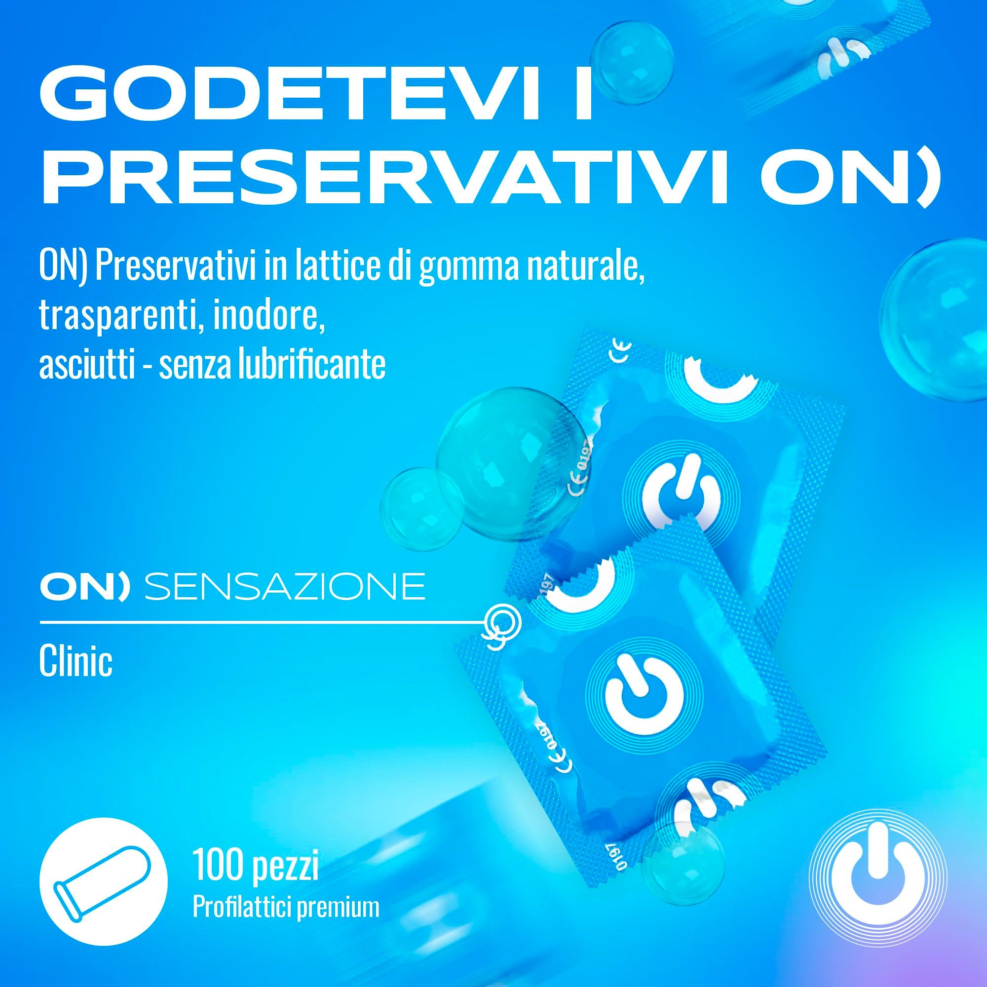 Préservatifs ON) Clinic, paquet de 100, emballages individuels bleus avec logo bouton d'alimentation.