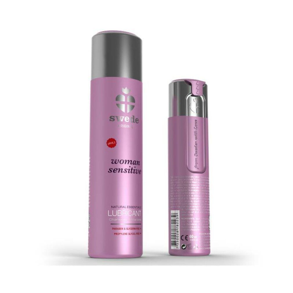 Twee Swede Original Lubricant Woman Sensitive flessen, één geopend.