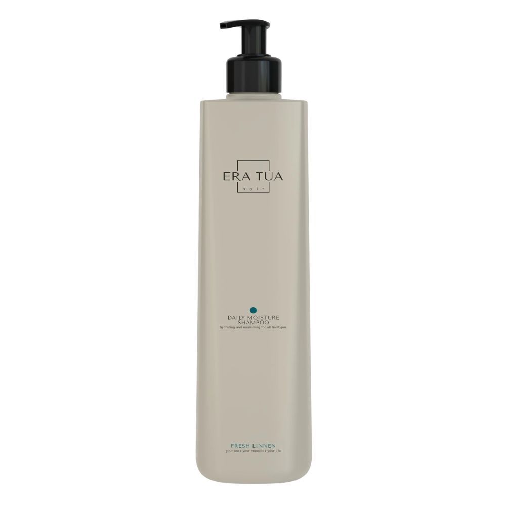 Beige shampoo fles met zwarte pomp. Tekst: EraTua, Daily Moisture Shampoo, Fresh Linen.