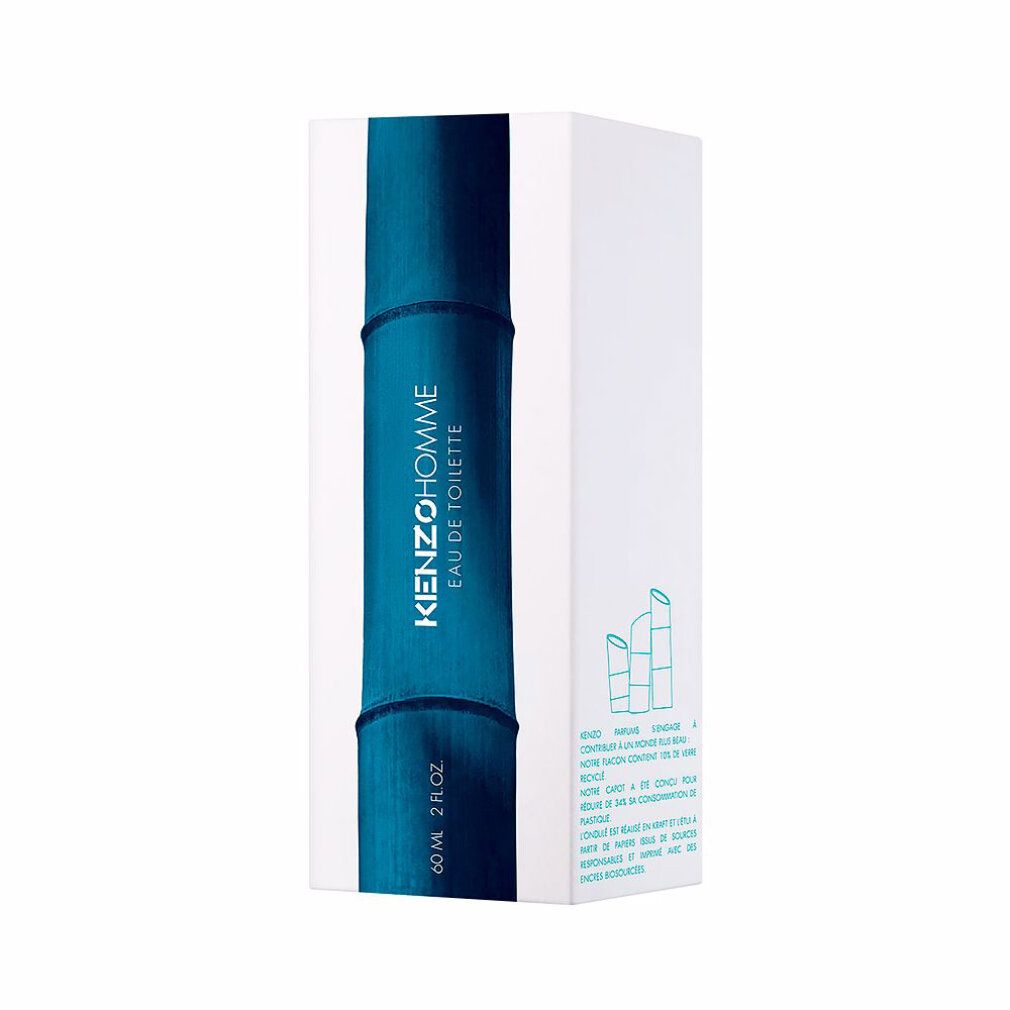 Emballage blanc avec design bambou bleu. Inscription: Kenzo Homme Eau de Toilette, 60 ml.