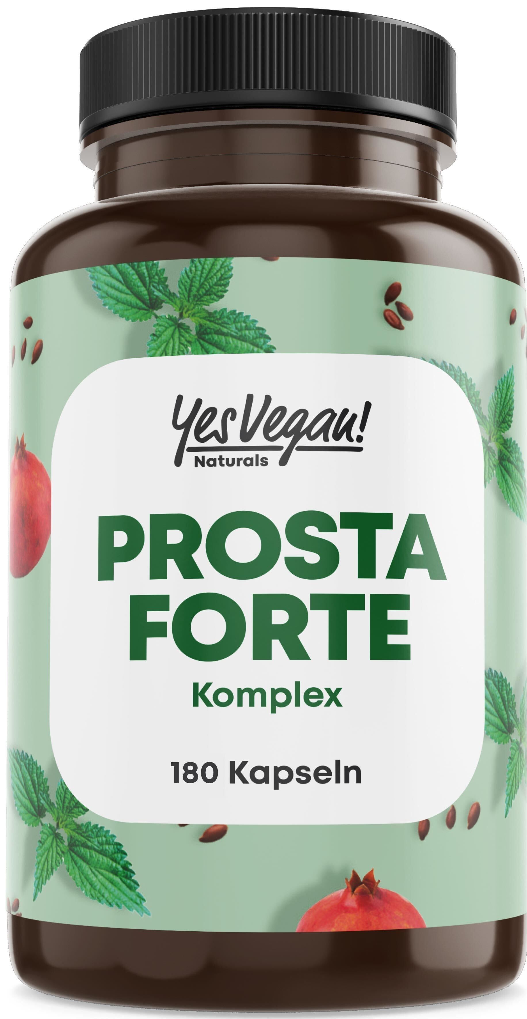 Boîte de capsules Prosta Forte Komplex, 180 gélules, entourée de feuilles d'ortie et de grenades.