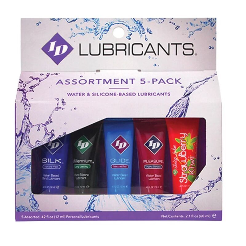 Pack de 5 lubrifiants ID. Tubes de différentes couleurs. Inscription "ASSORTIMENT 5-PACK" et informations sur le produit.