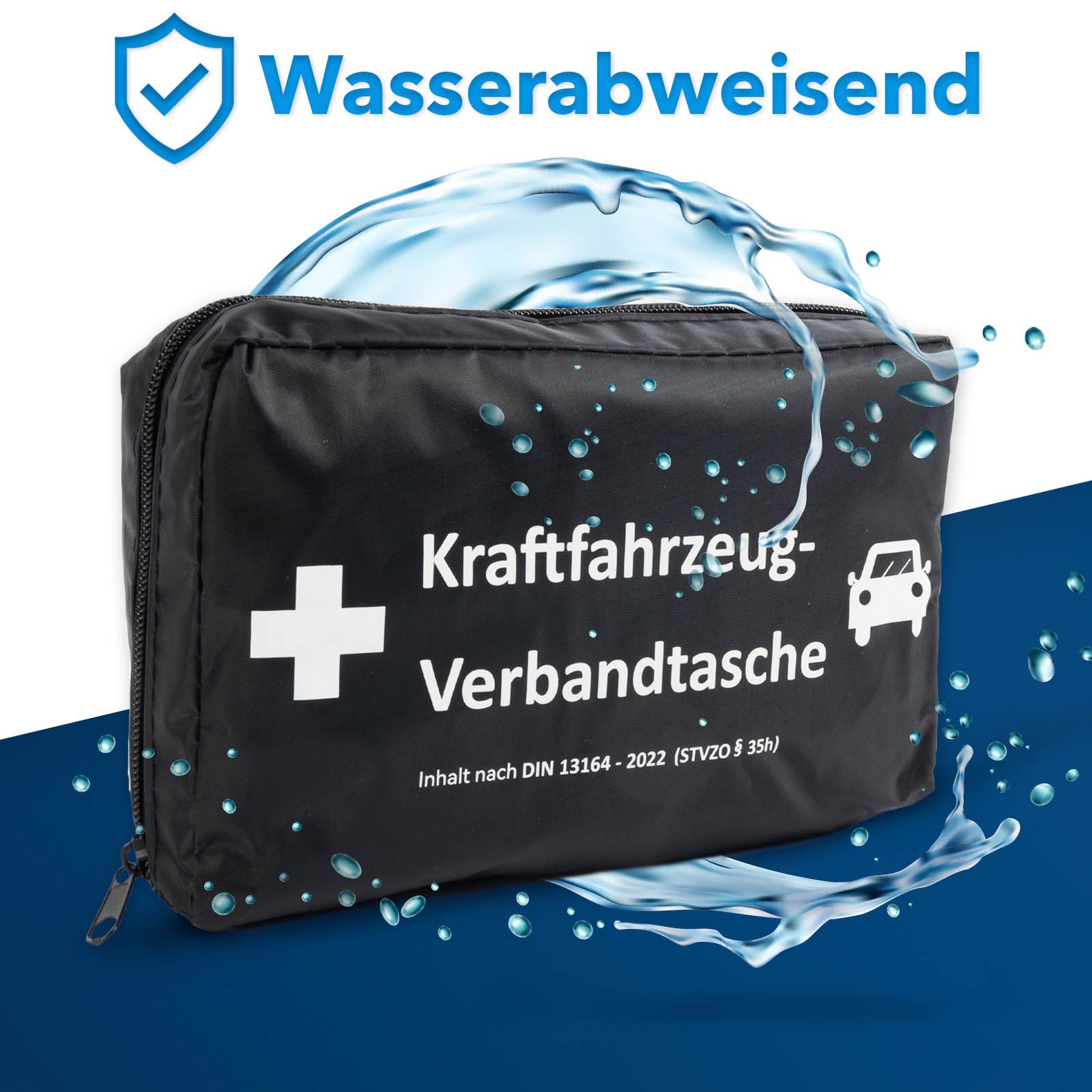 Zwarte EHBO-tas met tekst en wit kruis. Waterafstotend symbool en waterspatten.