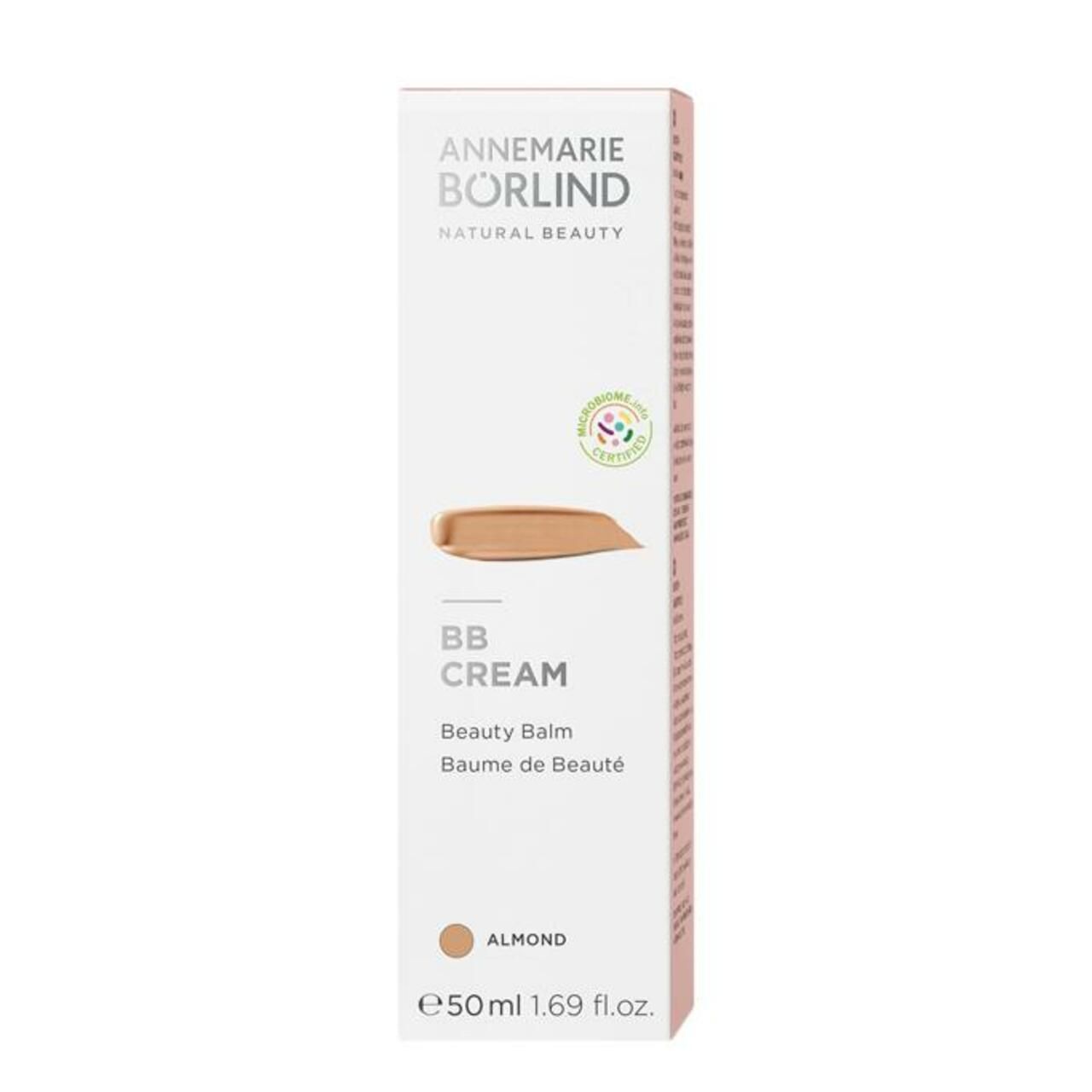 Verpakking van Annemarie Börlind BB Cream. Rechthoekige verpakking met productinformatie. "Almond" tint. 50ml.