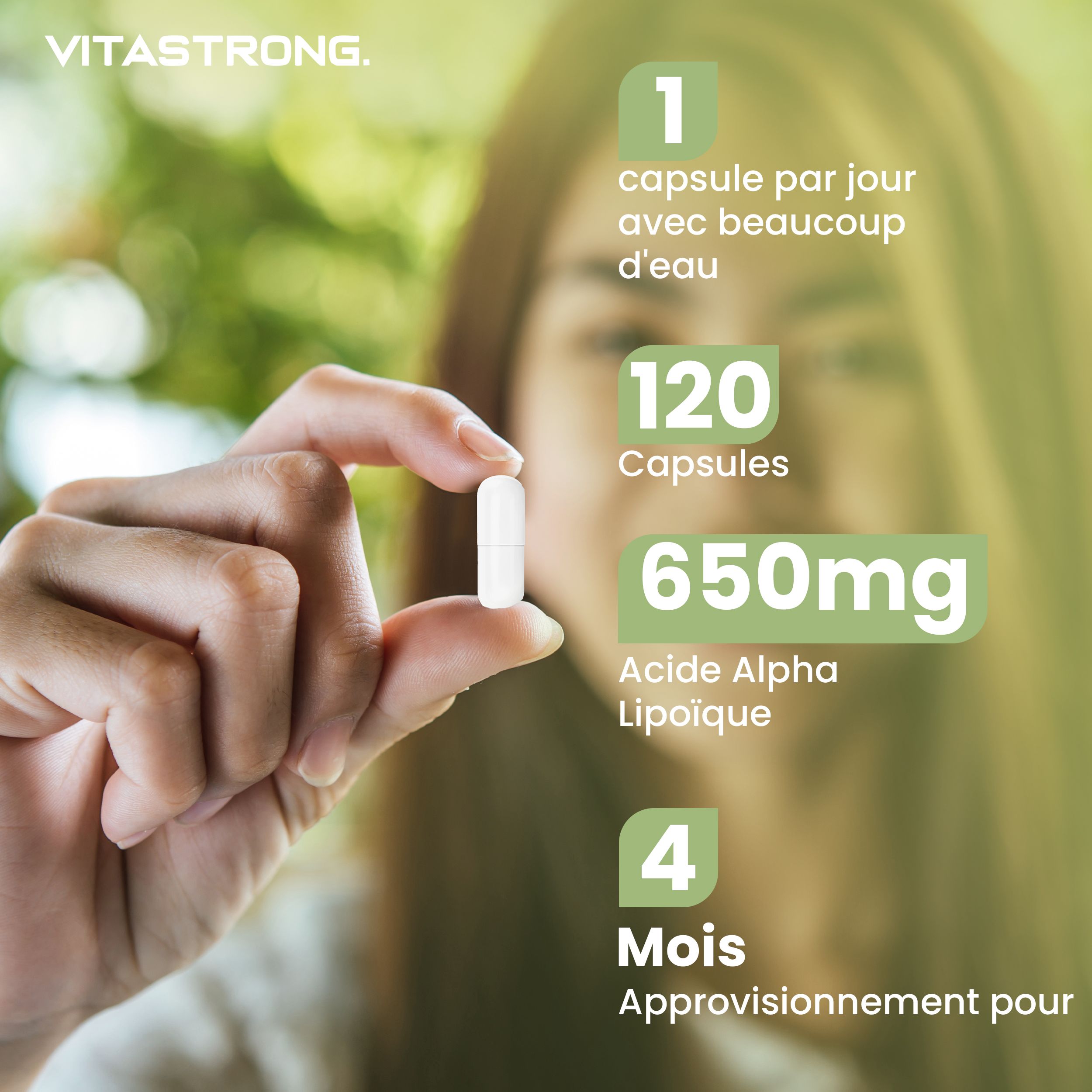 Hand met capsule. Tekst: 1 capsule per dag, 120 capsules, 650mg Alfa-Liponzuur.