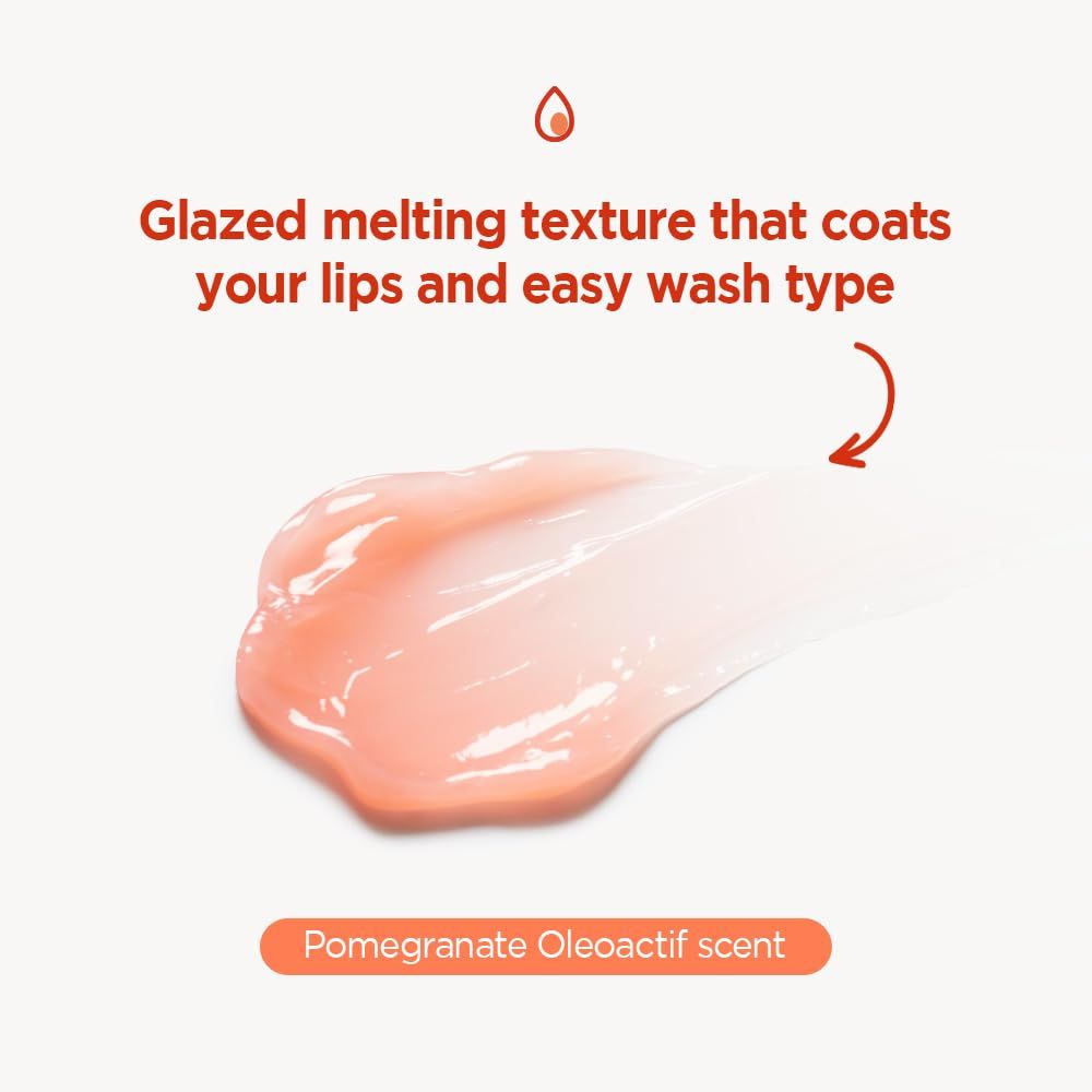 Texture du produit pour les lèvres. Texte : « Glazed melting texture ». Texte : « Pomegranate Oleoactif scent ».