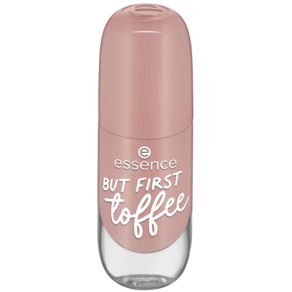 Flacon de vernis à ongles avec bouchon rose. Texte "BUT FIRST toffee" sur l'étiquette.